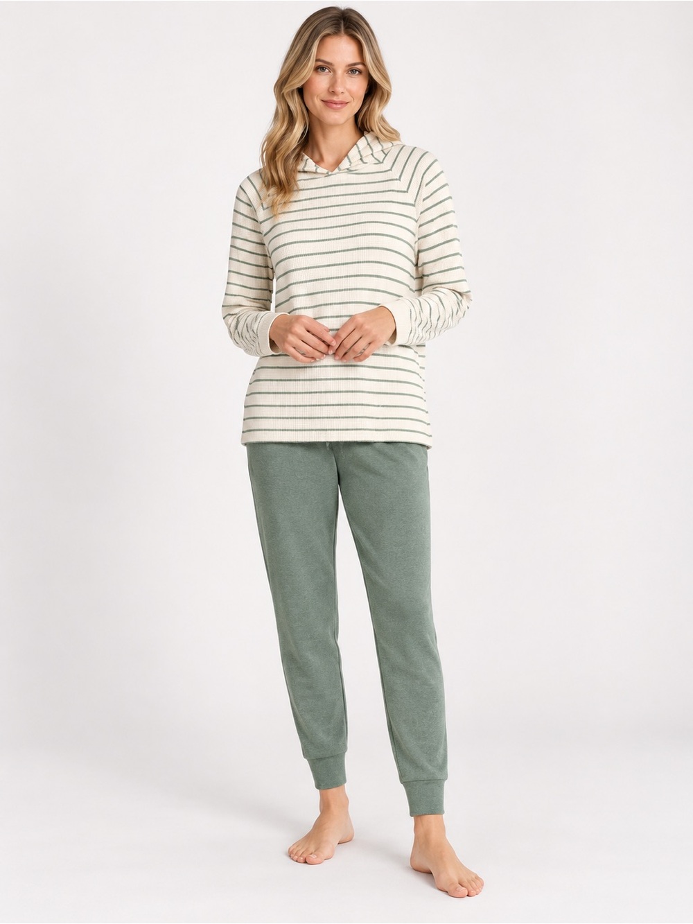 Cozy Striped Hooded Pullover in Cream and Green Lounge Set XS